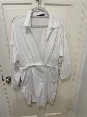 Zara White Deep V Collared Shirt Dress